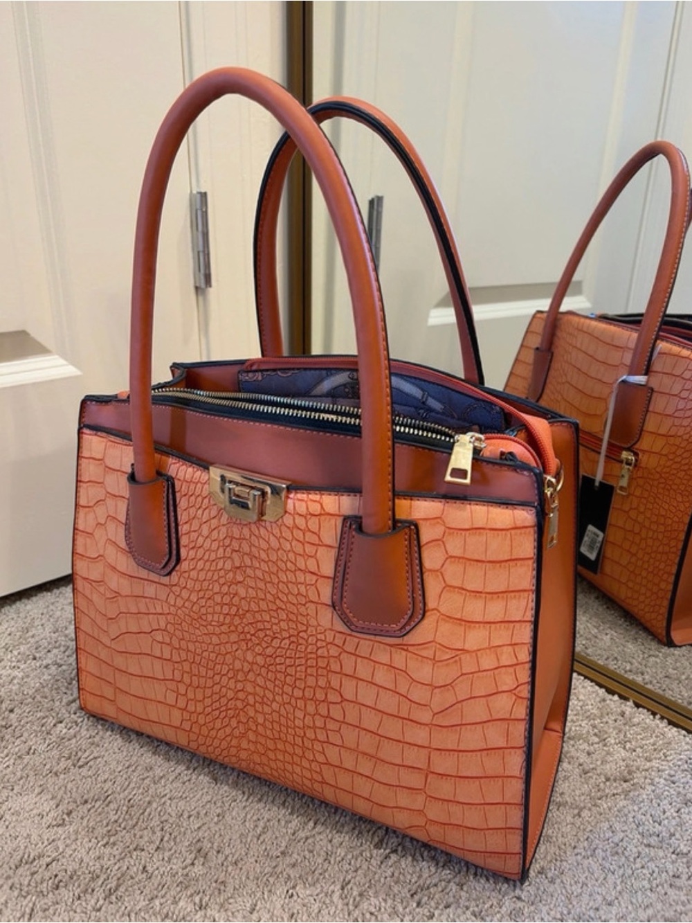 Croc-Embossed Orange Top-Handle Shoulder Bag